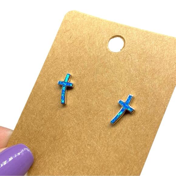 Blue Fire Opal Cross Earrings Solid 925 Sterling Silver Post Stud Pierced Gift - Picture 6 of 9